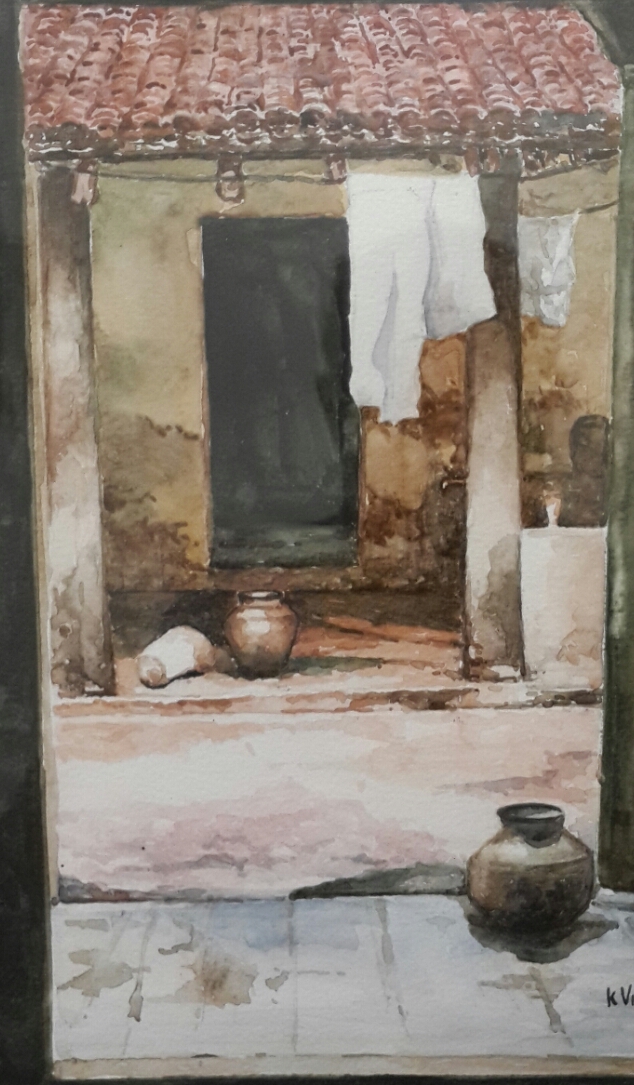 Inner courtyard, Chennai. Watercolor by Vikram Verghese.
